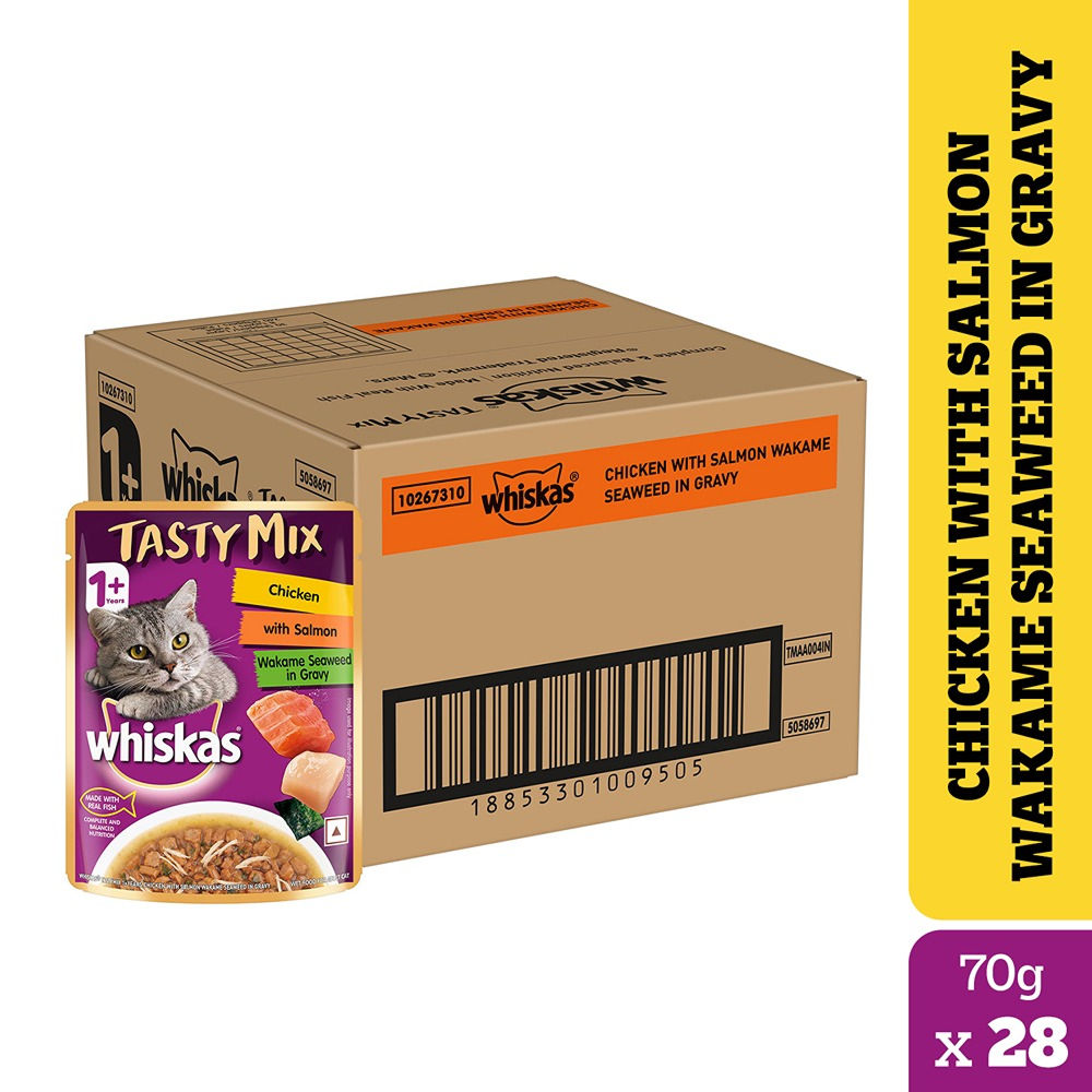 whiskas-chicken-with-salmon-wakame-seaweed-in-gravy-tasty-mix-adult-cat-wet-food 28x70g