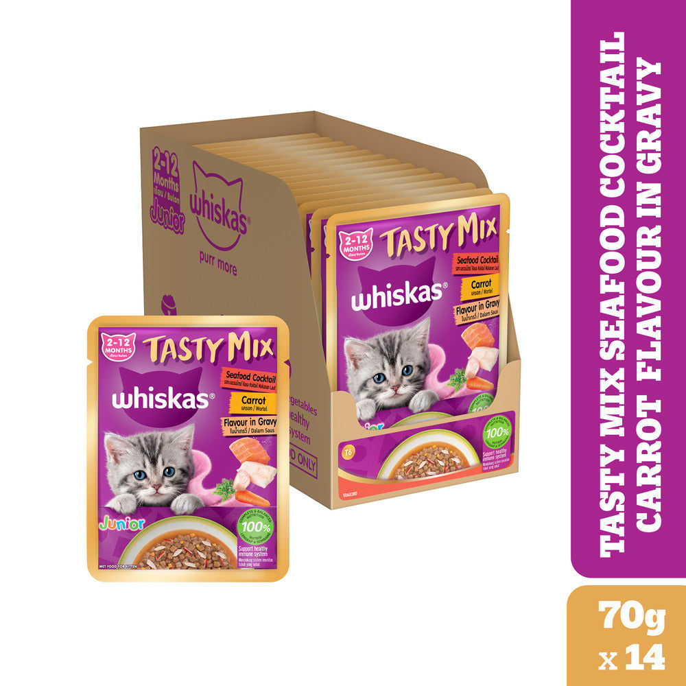 whiskas-tasty-mix-seafood-cocktail-carrot-gravy-kitten-cat-wet-food 14x70g