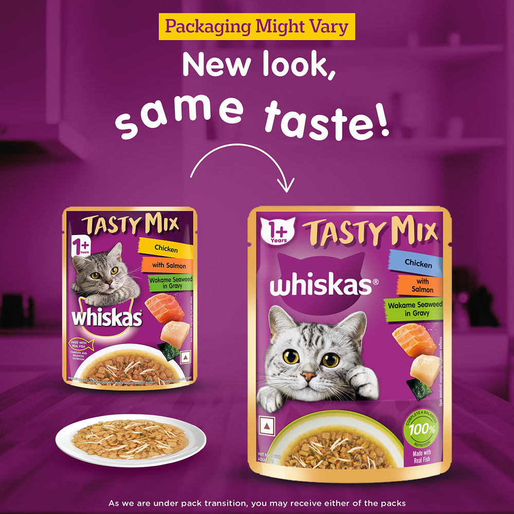 Whiskas Chicken With Salmon Wakame Seaweed in Gravy Tasty Mix Adult Cat Wet Food — side view