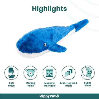Zippy Paws Blue Whale Jigglerz Plush Toy for Dogs — in use
