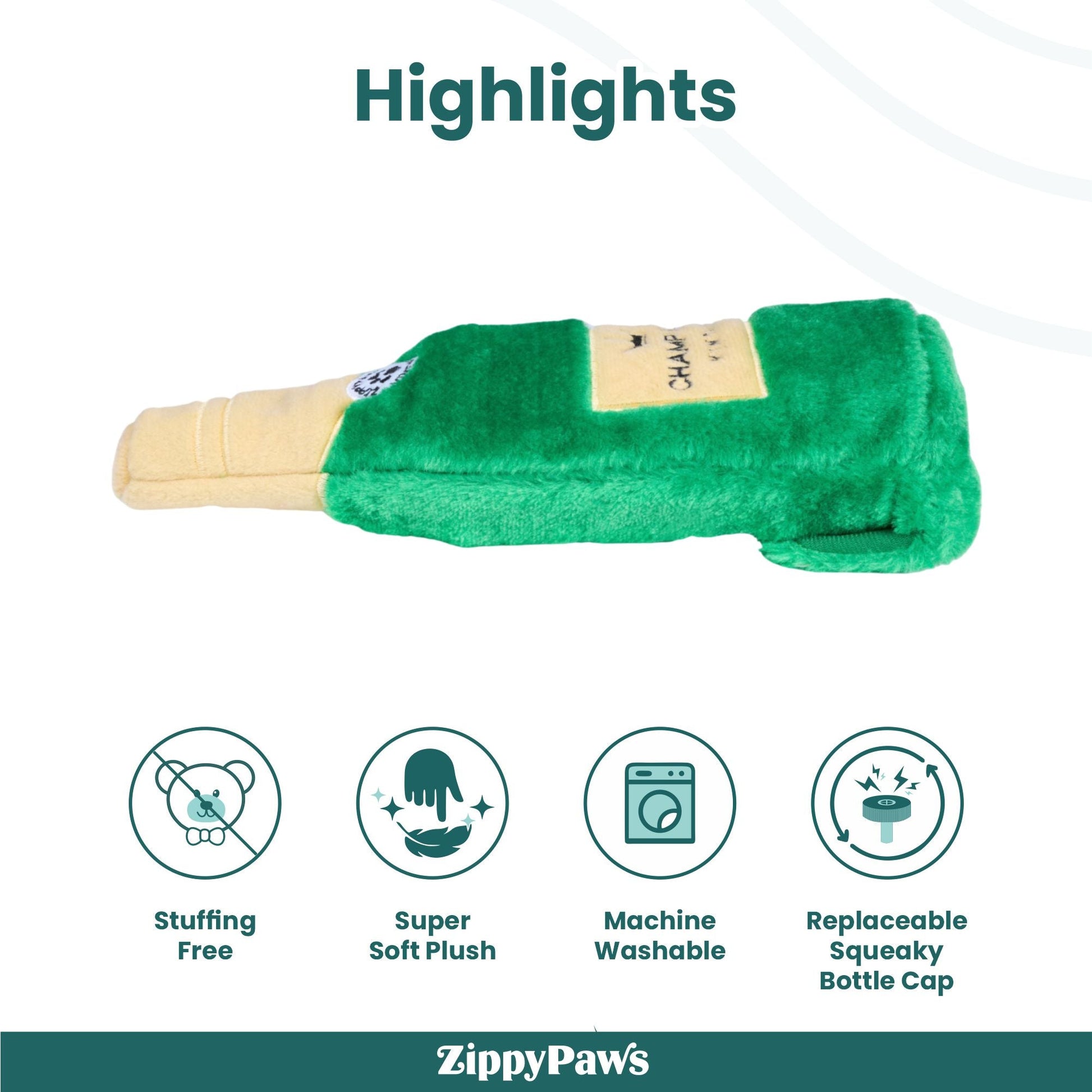 Zippy Paws Happy Hour Champagne Crusherz Plush Toy for Dogs — in use