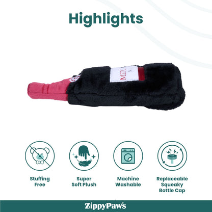 Zippy Paws Happy Hour Red Wine Crusherz Plush Toy for Dogs — in use