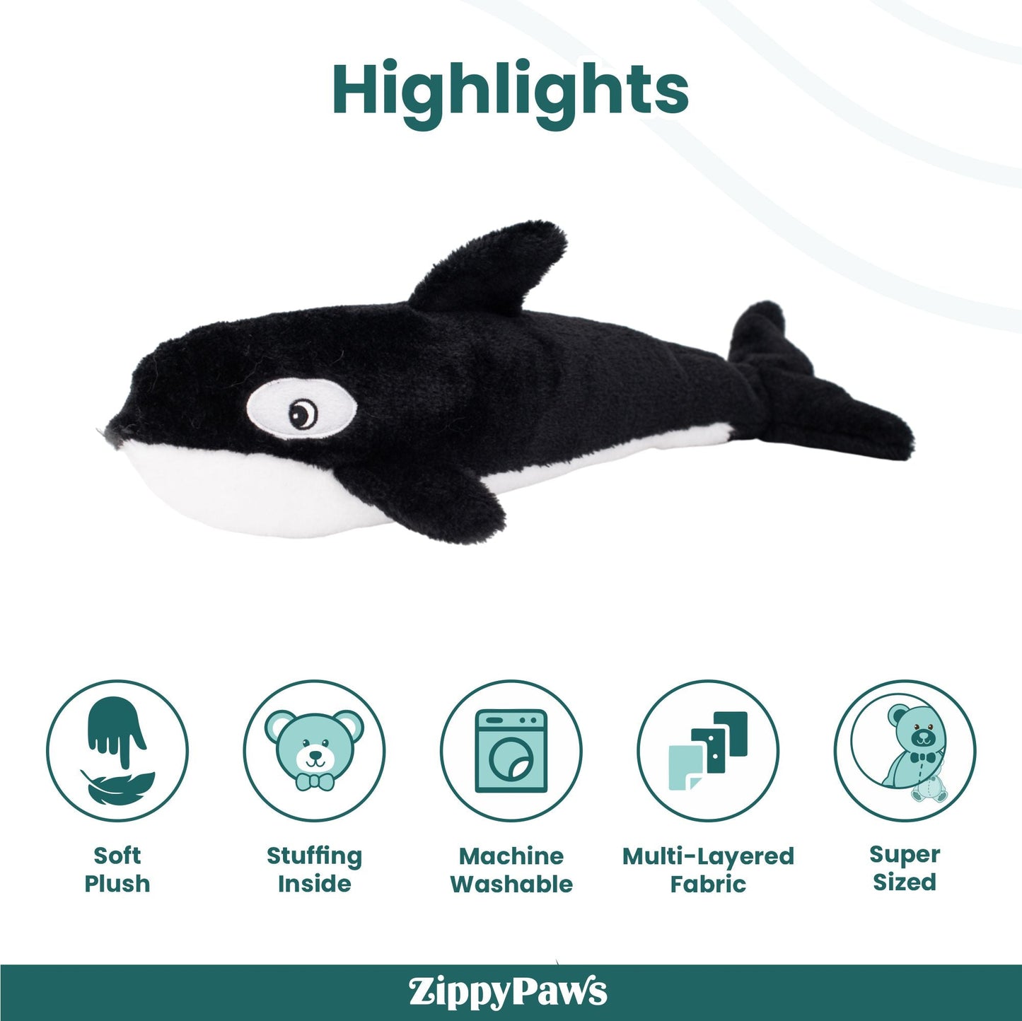 Zippy Paws Killer Whale Jigglerz Plush Toy for Dogs — back view