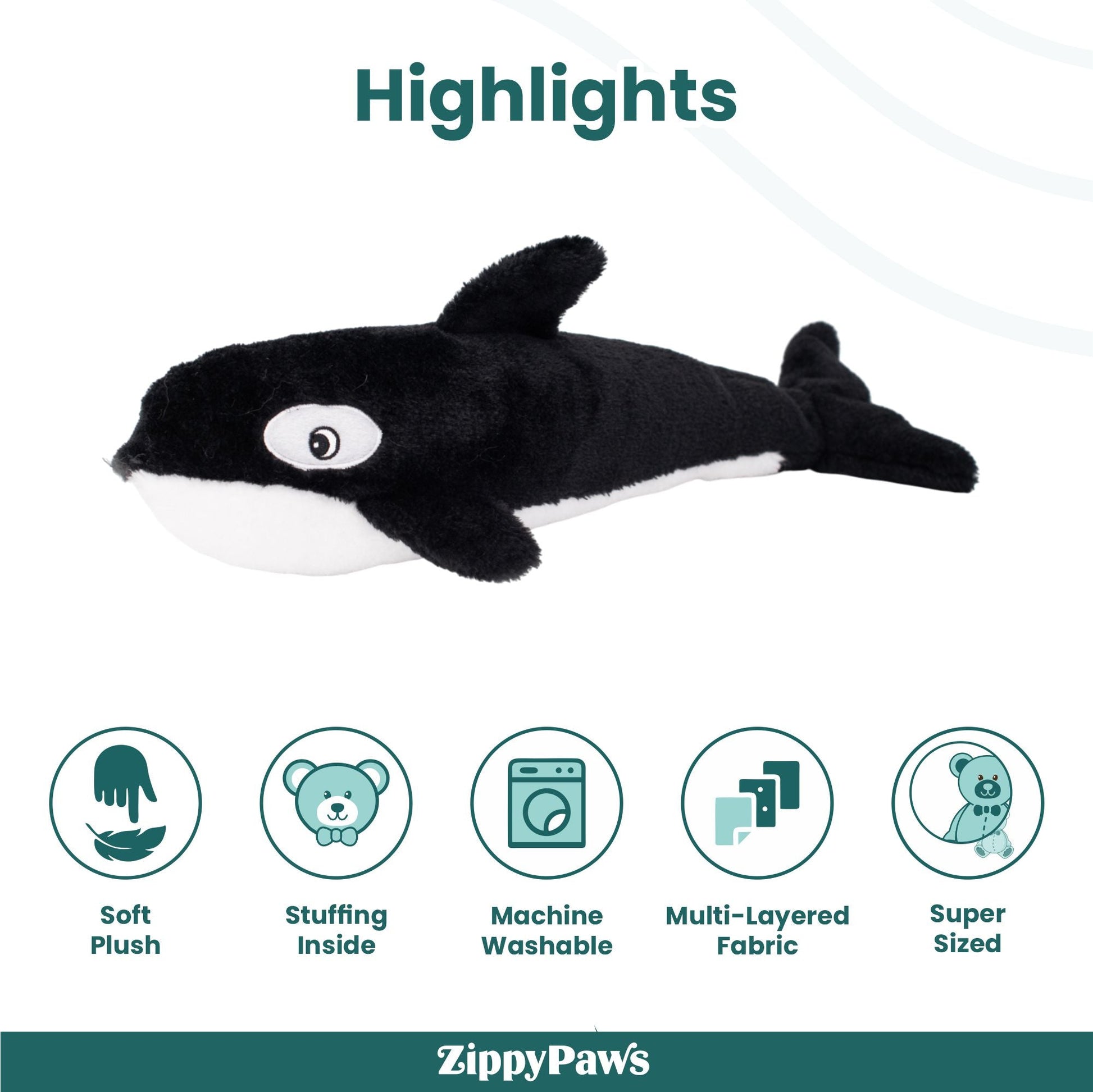 Zippy Paws Killer Whale Jigglerz Plush Toy for Dogs — back view