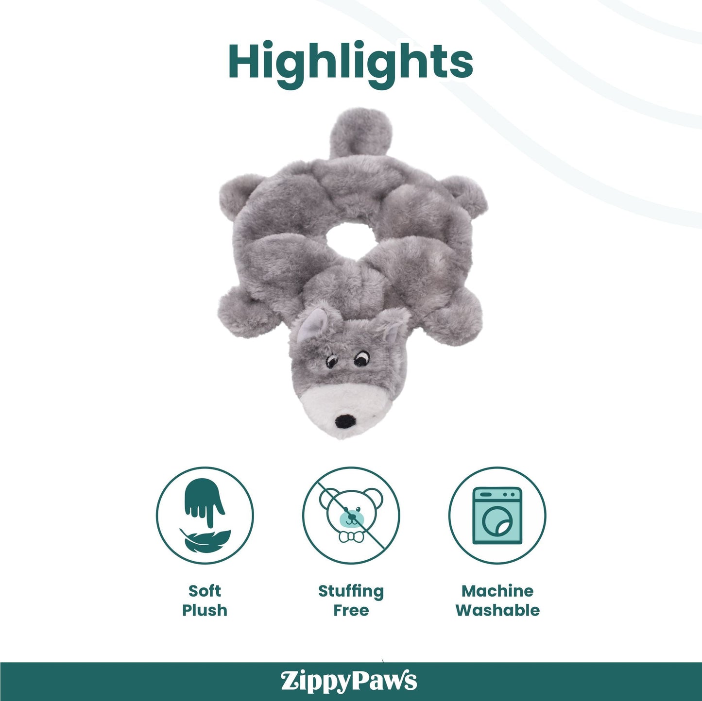 Zippy Paws Loopy Wolf Plush Toy for Dogs — detail shot
