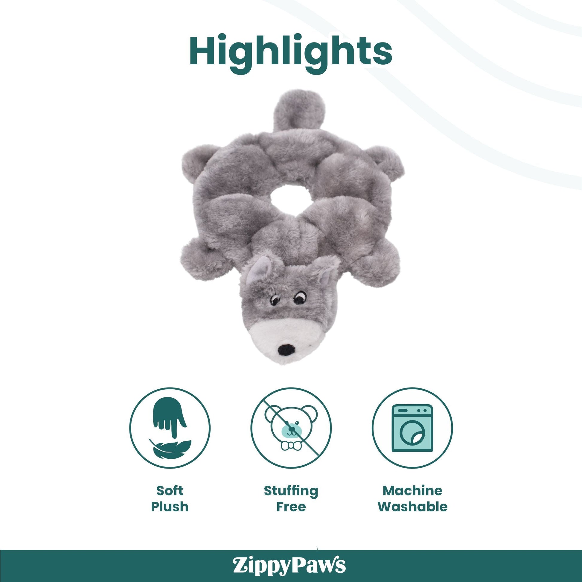 Zippy Paws Loopy Wolf Plush Toy for Dogs — detail shot