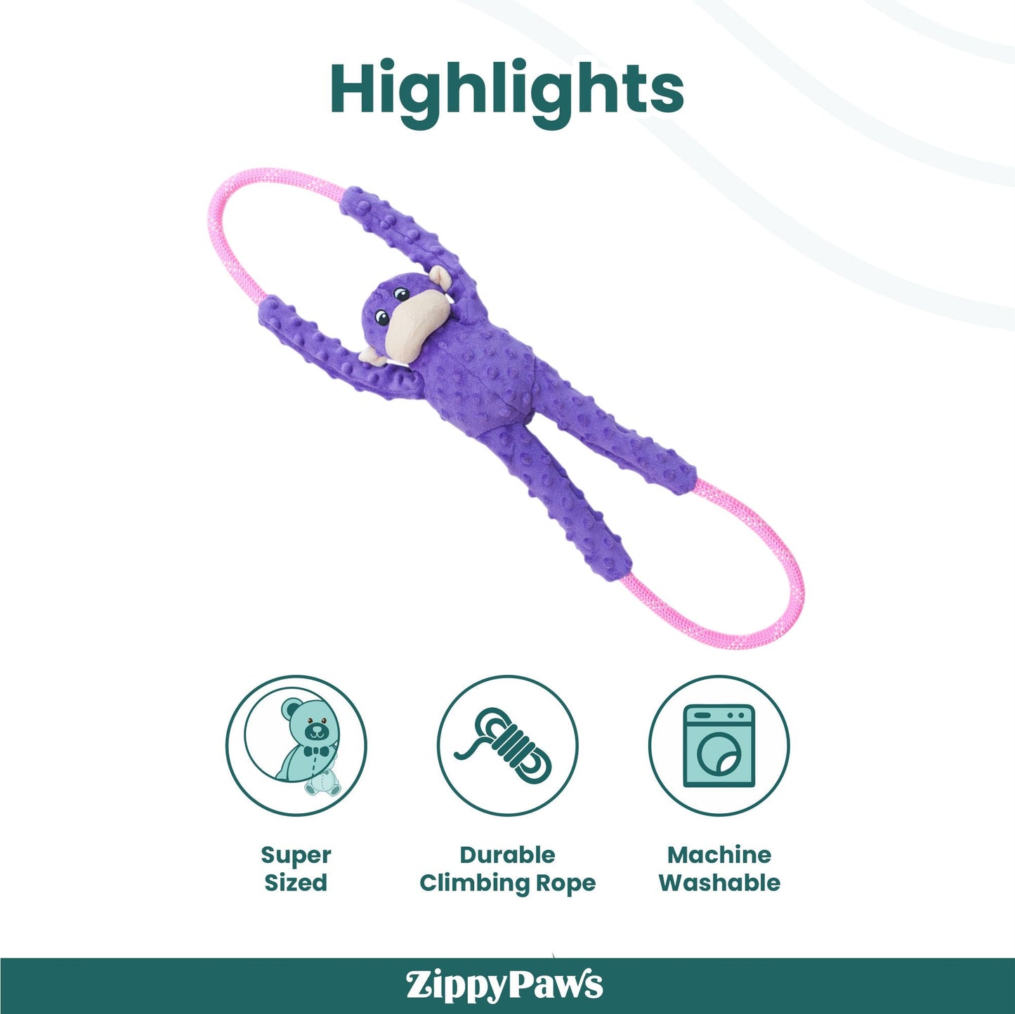 Zippy Paws RopeTugz Monkey Purple Plush Toy for Dogs — back view