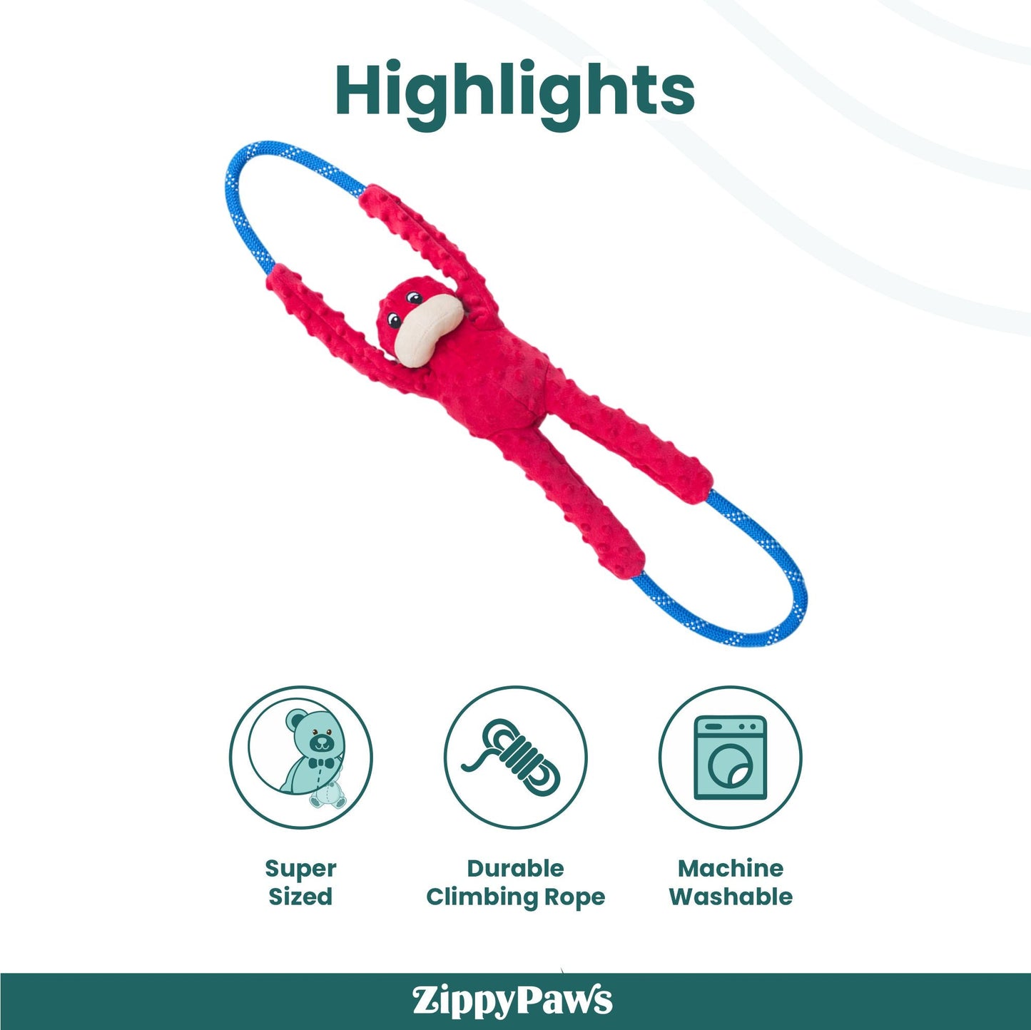 Zippy Paws RopeTugz Monkey Red Plush Toy for Dogs — detail shot