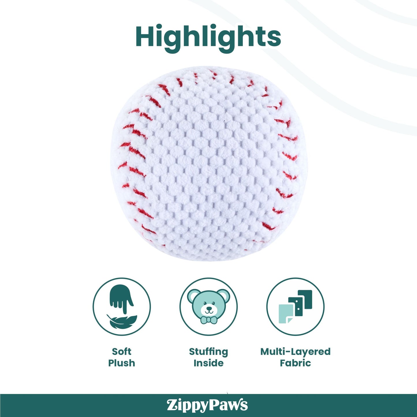 Zippy Paws SportsBallz Baseball Plush Toy for Dogs — detail shot