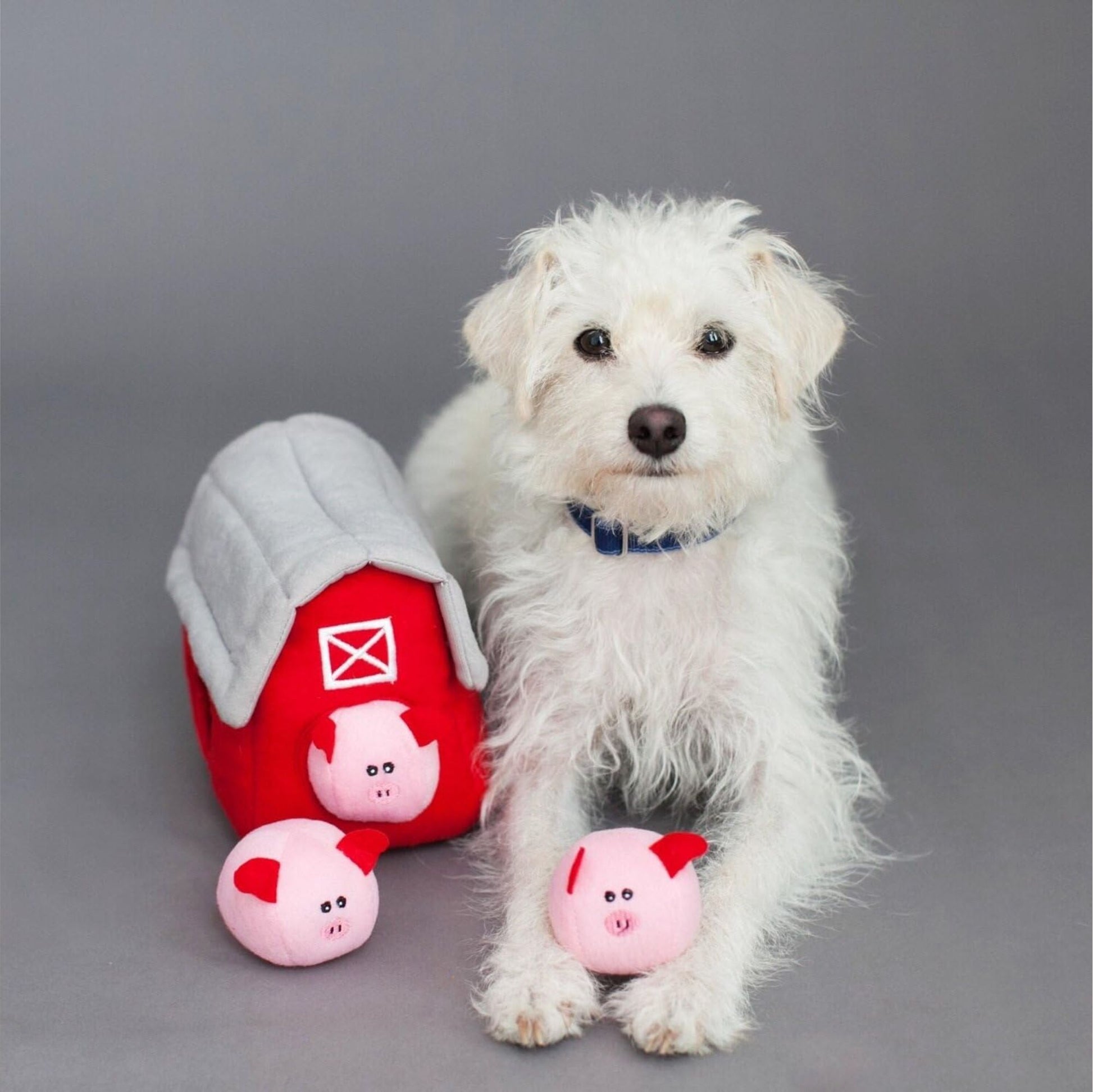Zippy Paws Zippy Burrow with Bubble Babiez Pig Barn Plush Toy for Dogs — side view