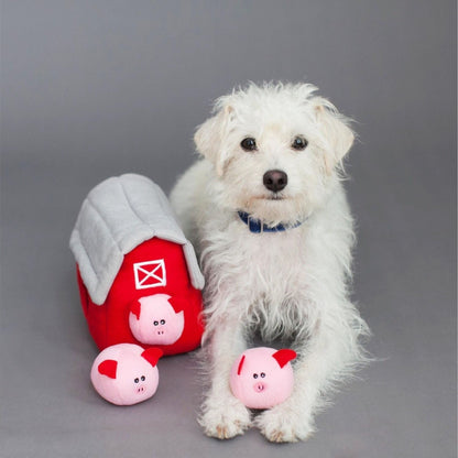 Zippy Paws Zippy Burrow with Bubble Babiez Pig Barn Plush Toy for Dogs — side view