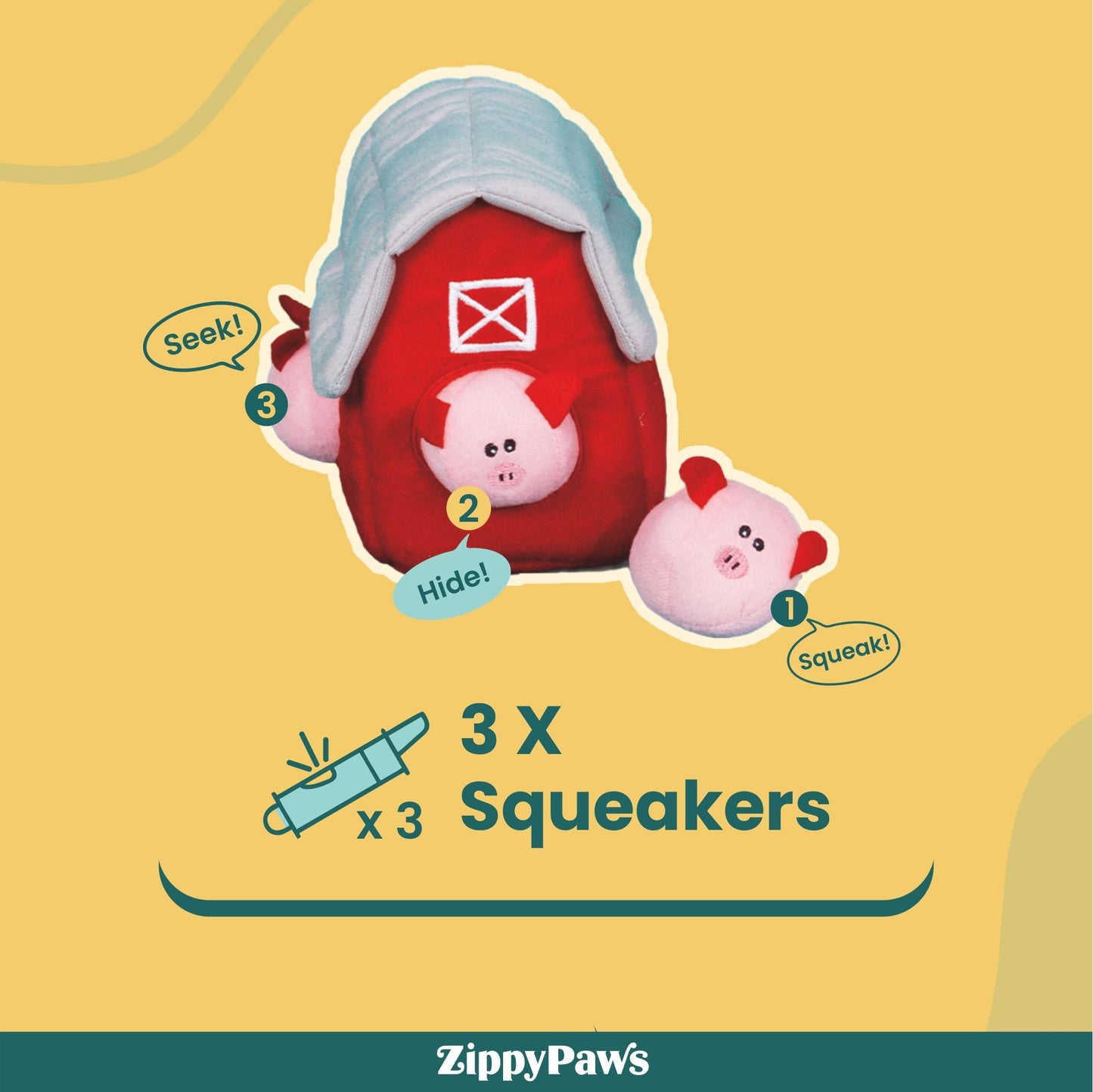 Zippy Paws Zippy Burrow with Bubble Babiez Pig Barn Plush Toy for Dogs — back view