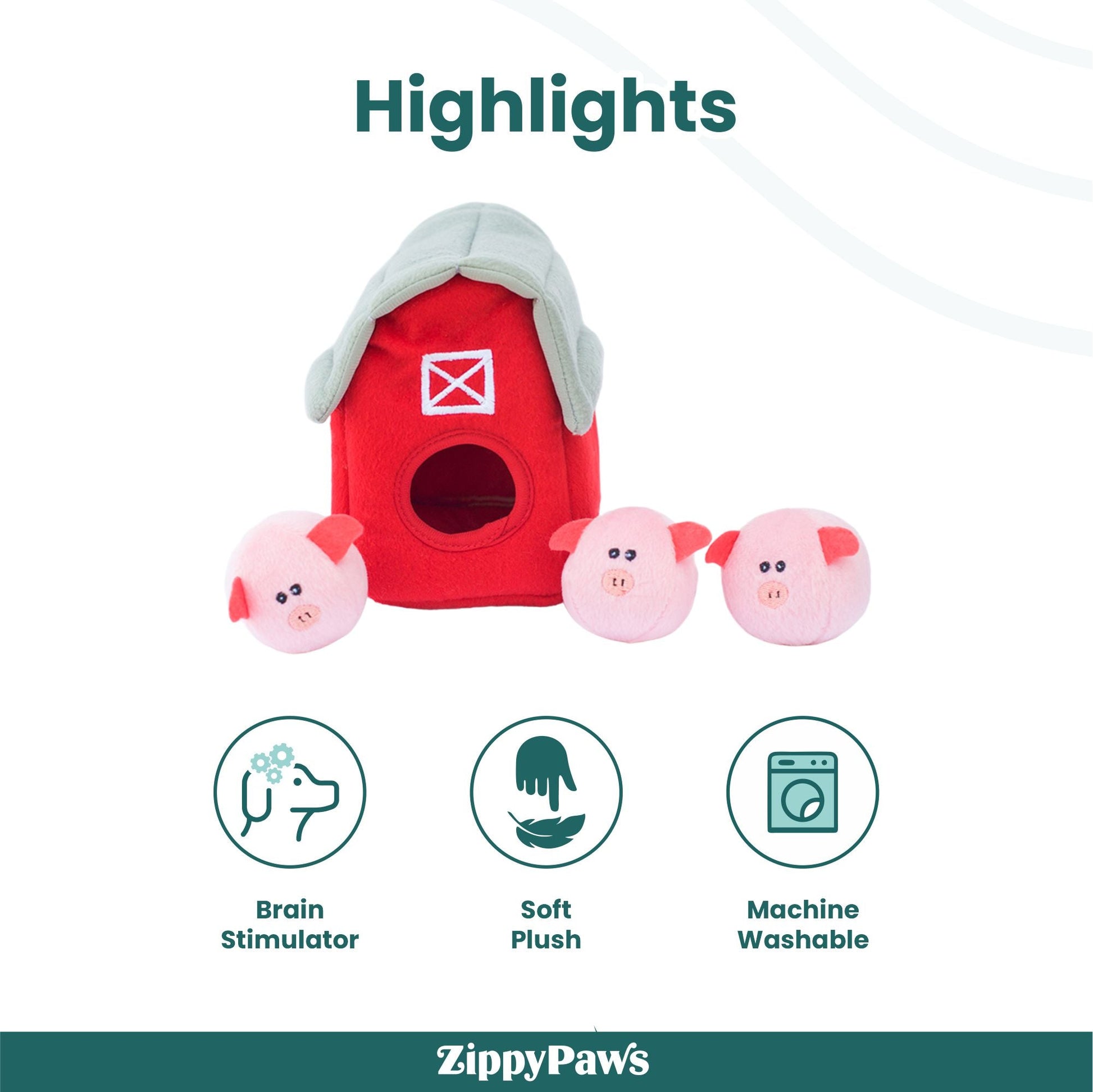 Zippy Paws Zippy Burrow with Bubble Babiez Pig Barn Plush Toy for Dogs — detail shot