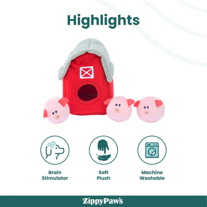 Zippy Paws Zippy Burrow with Bubble Babiez Pig Barn Plush Toy for Dogs — detail shot