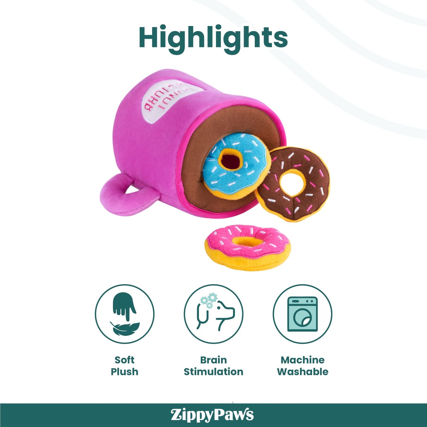 Zippy Paws Zippy Burrows Coffee and Donutz Plush Toy for Dogs — detail shot