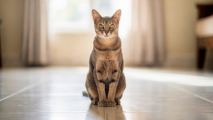 A short-haired Indian domestic cat sitting upright on a tiled floor indoors, whole body in frame, looking towards the camera.