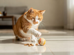 A cheerful ginger and white cat playing with a ball toy beside a few cat treats in a bright Indian living room.
