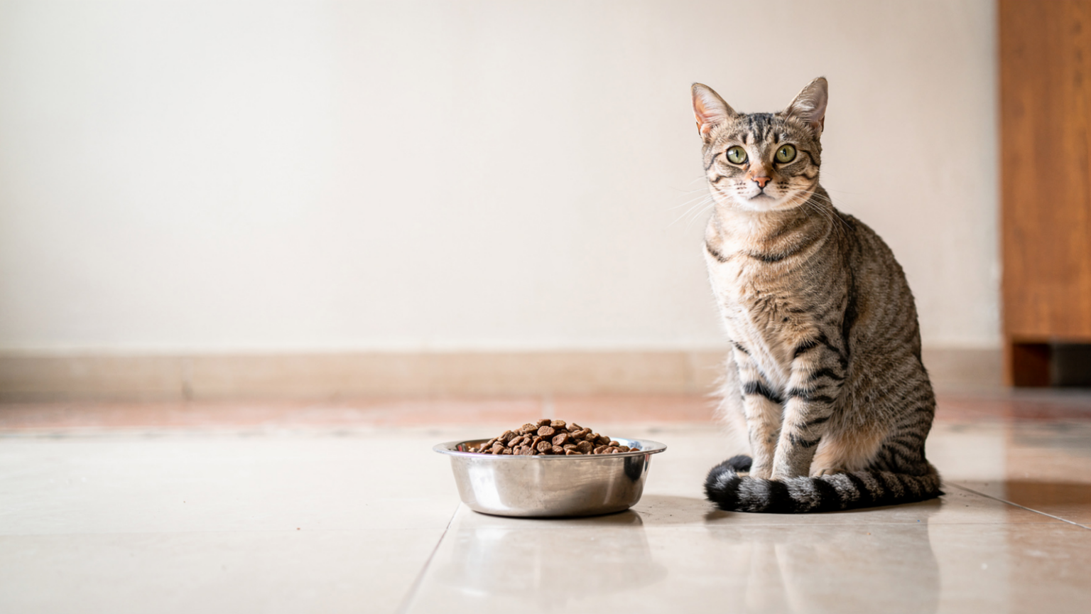 A happy adult cat sitting on a clean tiled floor in a bright Indian home beside a steel bowl of dry kibble, looking at the camera.