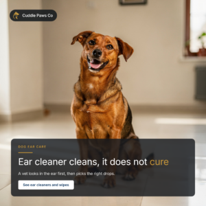 A brown mixed-breed dog sitting on a tiled floor indoors with its head tilted to one side, one drop ear turned towards the camera.