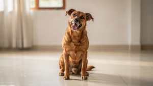 A brown mixed-breed dog sitting on a tiled floor indoors with its head tilted to one side, one drop ear turned towards the camera.