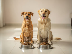 An indie dog and a Labrador sitting side by side beside two bowls of dry dog food in a bright Indian home.