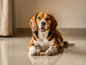 A happy beagle with a shiny coat lying on a cool tiled floor with a dog biscuit between its paws.