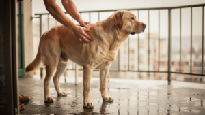 A yellow Labrador standing on a balcony while a person's hands check the fur on its neck.