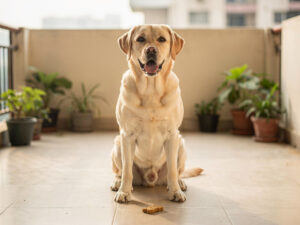 A smiling yellow Labrador sitting on a sunny balcony with potted plants and a dog biscuit in front of it.
