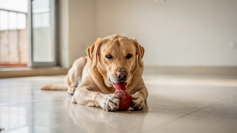A labrador lying on a tiled floor indoors, holding a red rubber toy between its front paws and chewing on it.