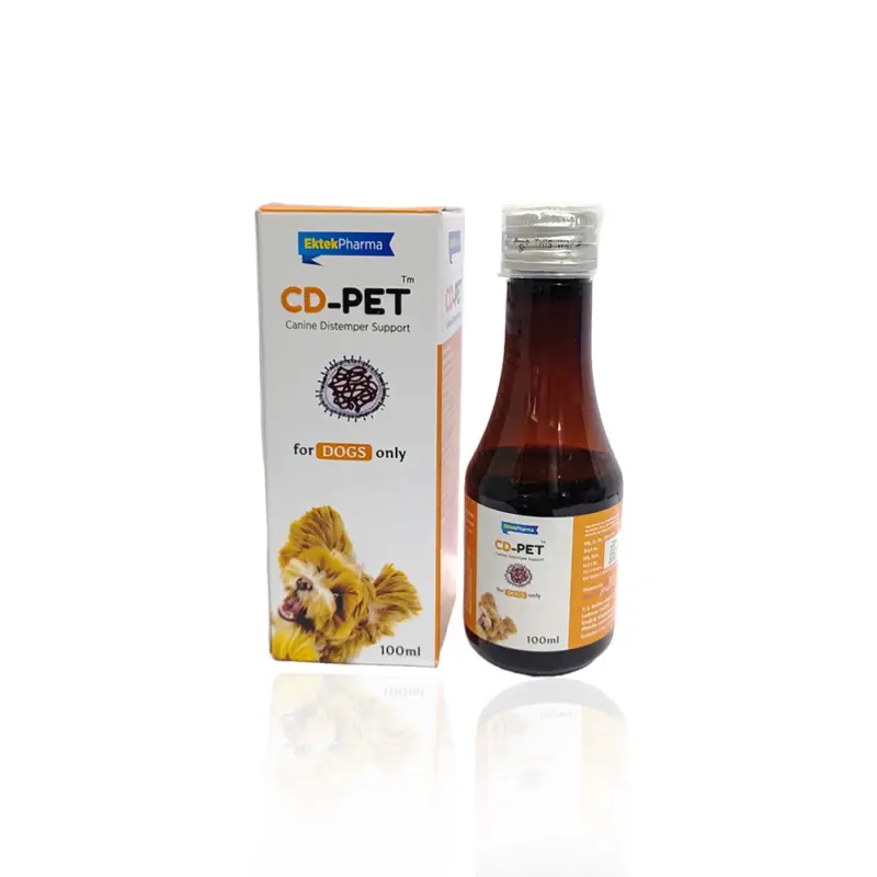 Ek-Tek CD-PET Drops 100 ml for dogs, front of the carton with the bottle beside it.