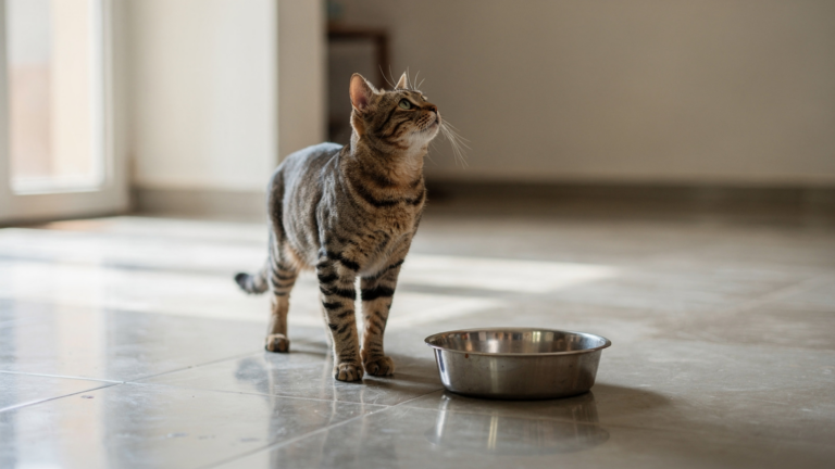 A short-haired tabby cat standing on a tiled floor indoors beside a steel bowl, whole body in frame, looking up.