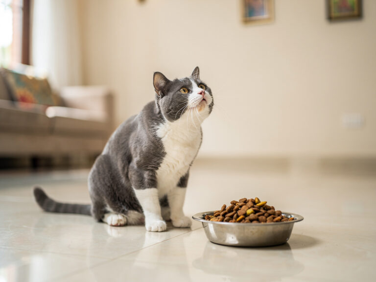 A playful grey and white cat reaching towards a bowl of dry cat food in a bright Indian living room.