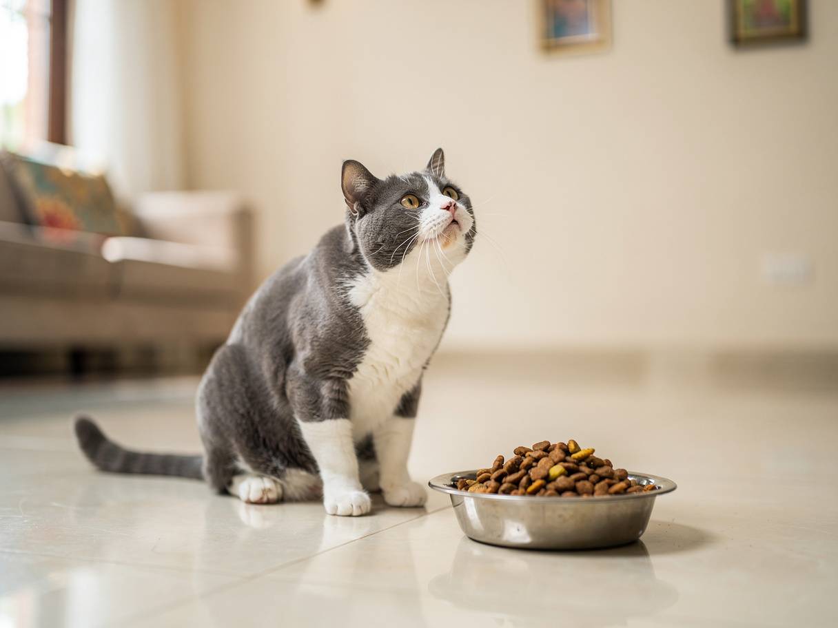 A playful grey and white cat reaching towards a bowl of dry cat food in a bright Indian living room.