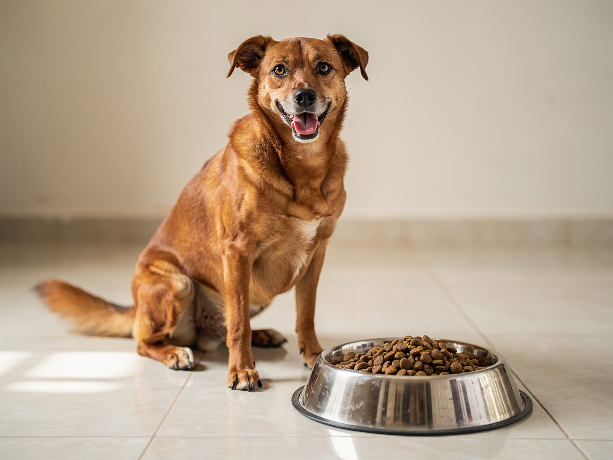 A smiling brown indie dog sitting beside a steel bowl of dry dog food in a bright Indian home.