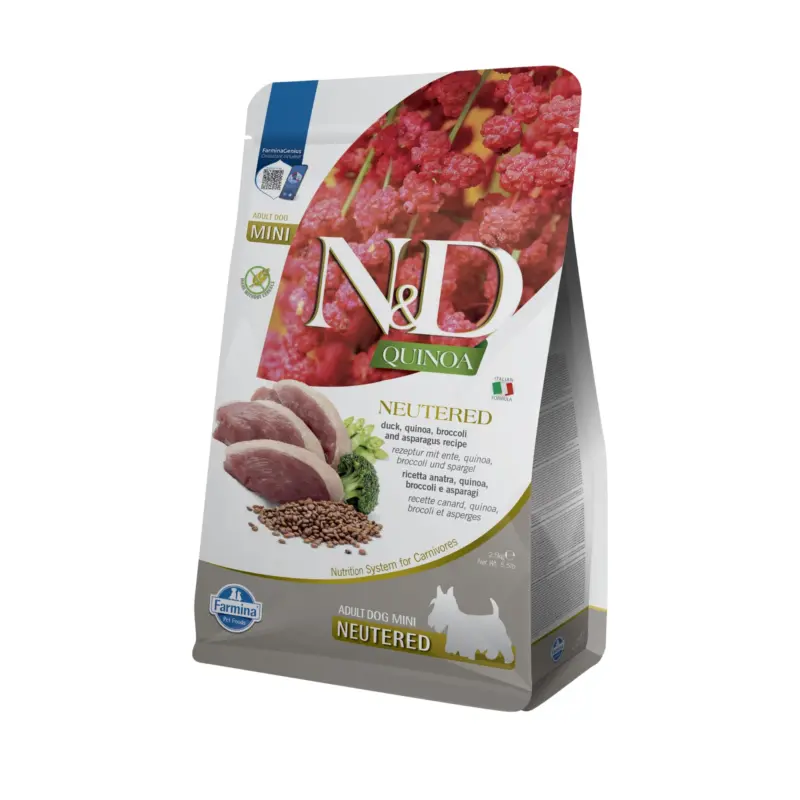 Farmina N&D Quinoa Neutered Duck, Broccoli and Asparagus Adult Mini dog food 2.5 kg bag, front of pack.