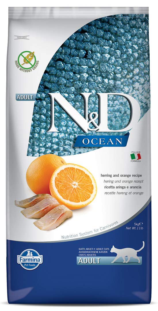 Farmina N&D Ocean Herring & Orange adult cat dry food 5 kg bag, front of pack.