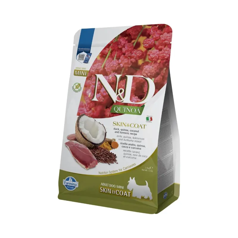 Farmina N&D Quinoa Skin & Coat Duck Adult Mini 2.5 kg bag, front of pack.