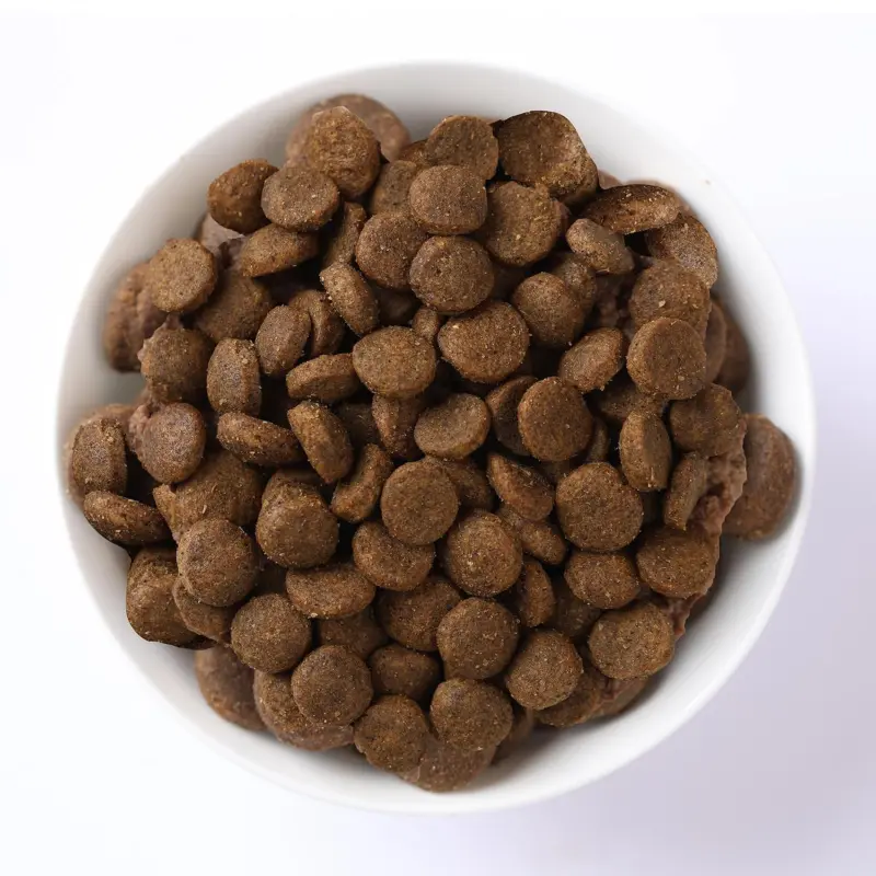 Farmina N&D Quinoa Skin & Coat Duck Adult Mini 2.5 kg, close-up of the dry kibble in a white bowl.