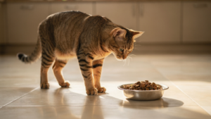 A short-haired tabby cat standing on a kitchen floor beside a small steel bowl of dry food, whole body in frame, looking down at the bowl.