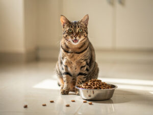 A happy tabby cat beside a steel bowl of dry cat food and a few treats in a bright Indian kitchen.