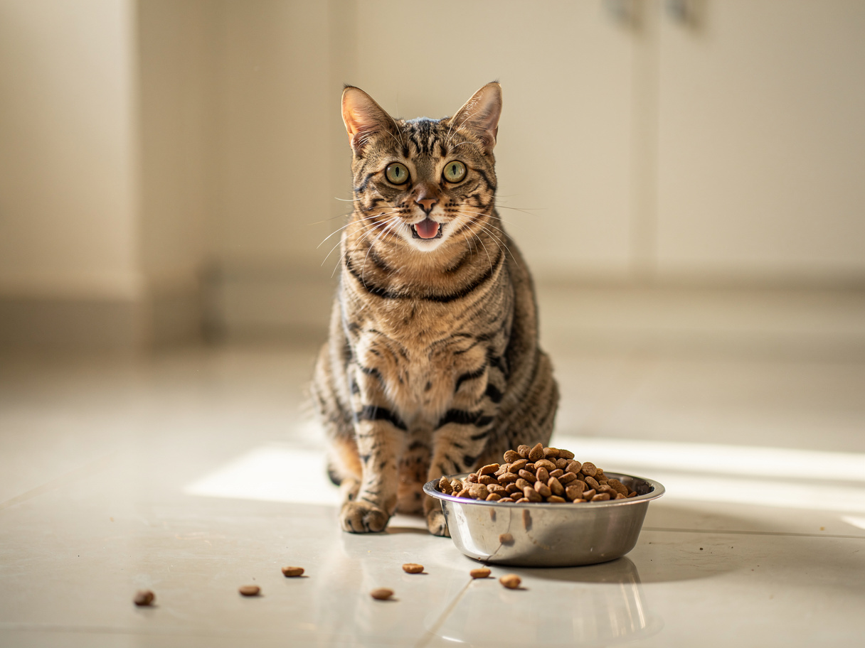 A happy tabby cat beside a steel bowl of dry cat food and a few treats in a bright Indian kitchen.