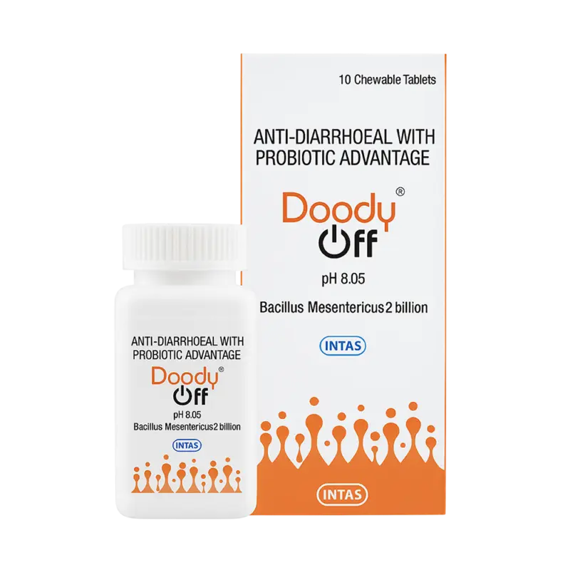 Intas Doody Off 10 chewable tablets, carton and bottle shown together from the front.