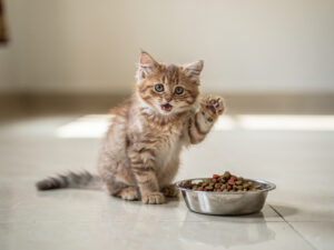 A fluffy kitten with a paw raised beside a shallow bowl of dry kitten food in a bright Indian home.