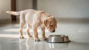 A young Labrador puppy standing on a tiled floor indoors next to a steel bowl, whole body in frame, looking down at the bowl.