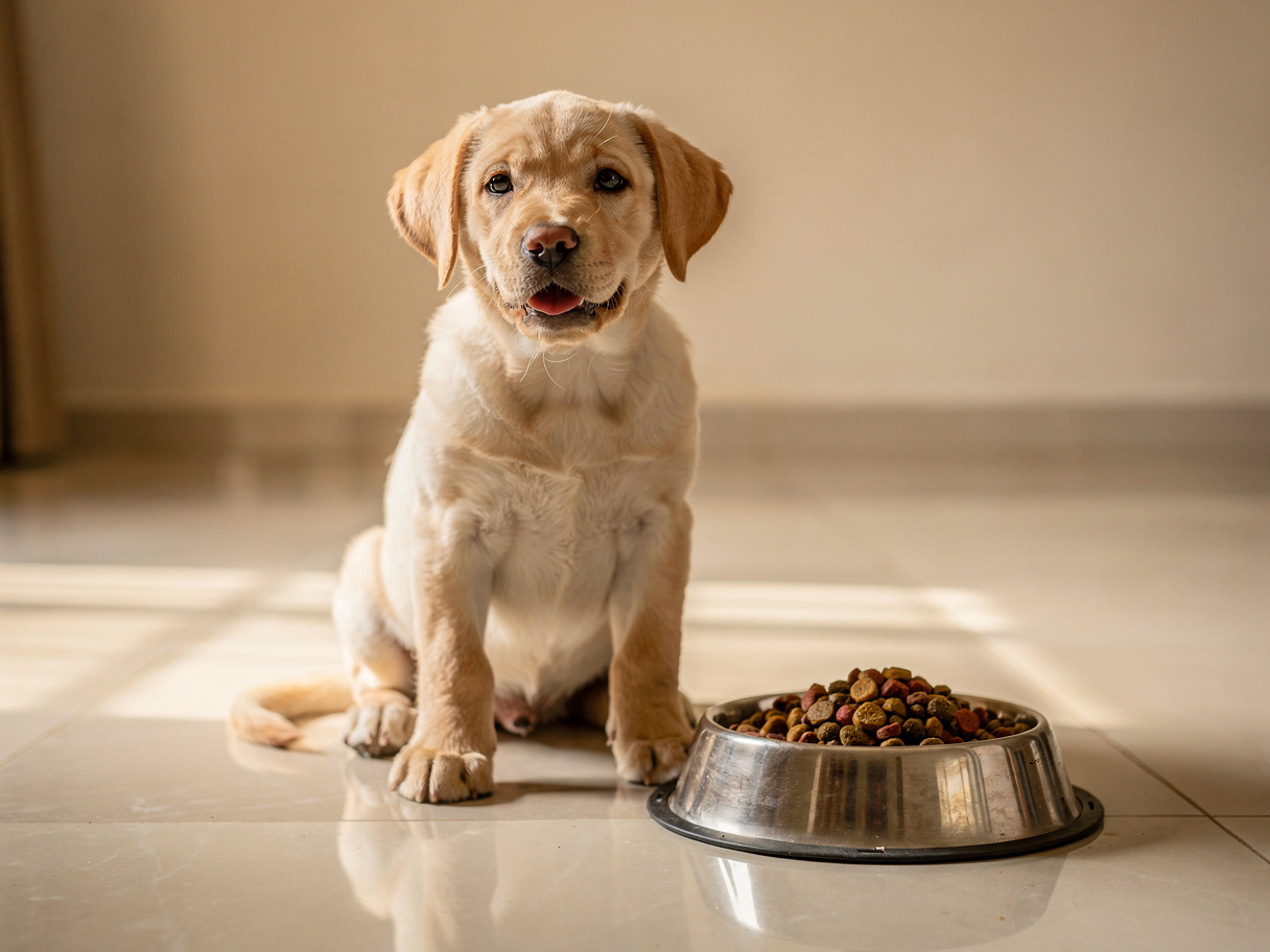 A playful Labrador puppy with a tilted head beside a bowl of dry puppy food in a bright Indian home.