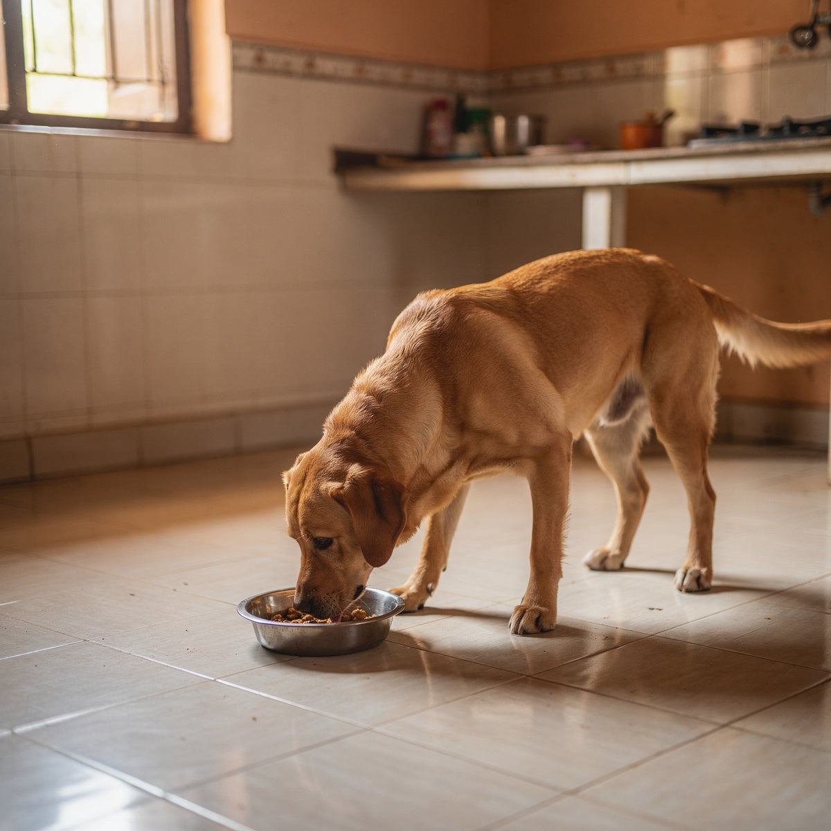 A golden-brown Labrador Retriever eating from a steel bowl in a kitchen