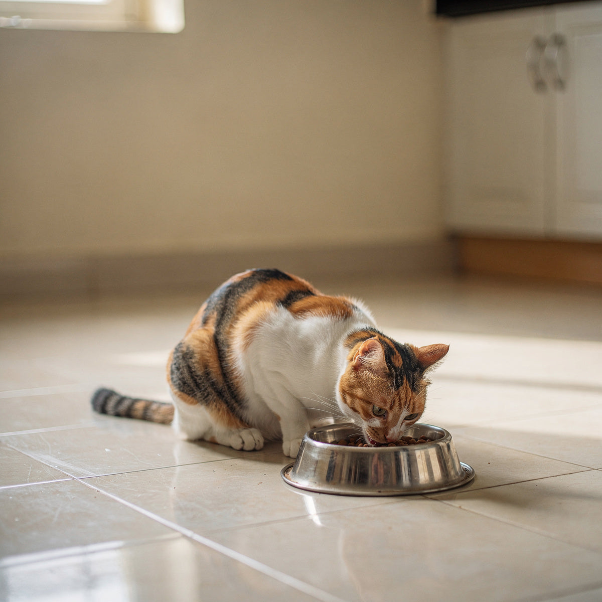 A calico cat eating from a steel bowl in a kitchen
