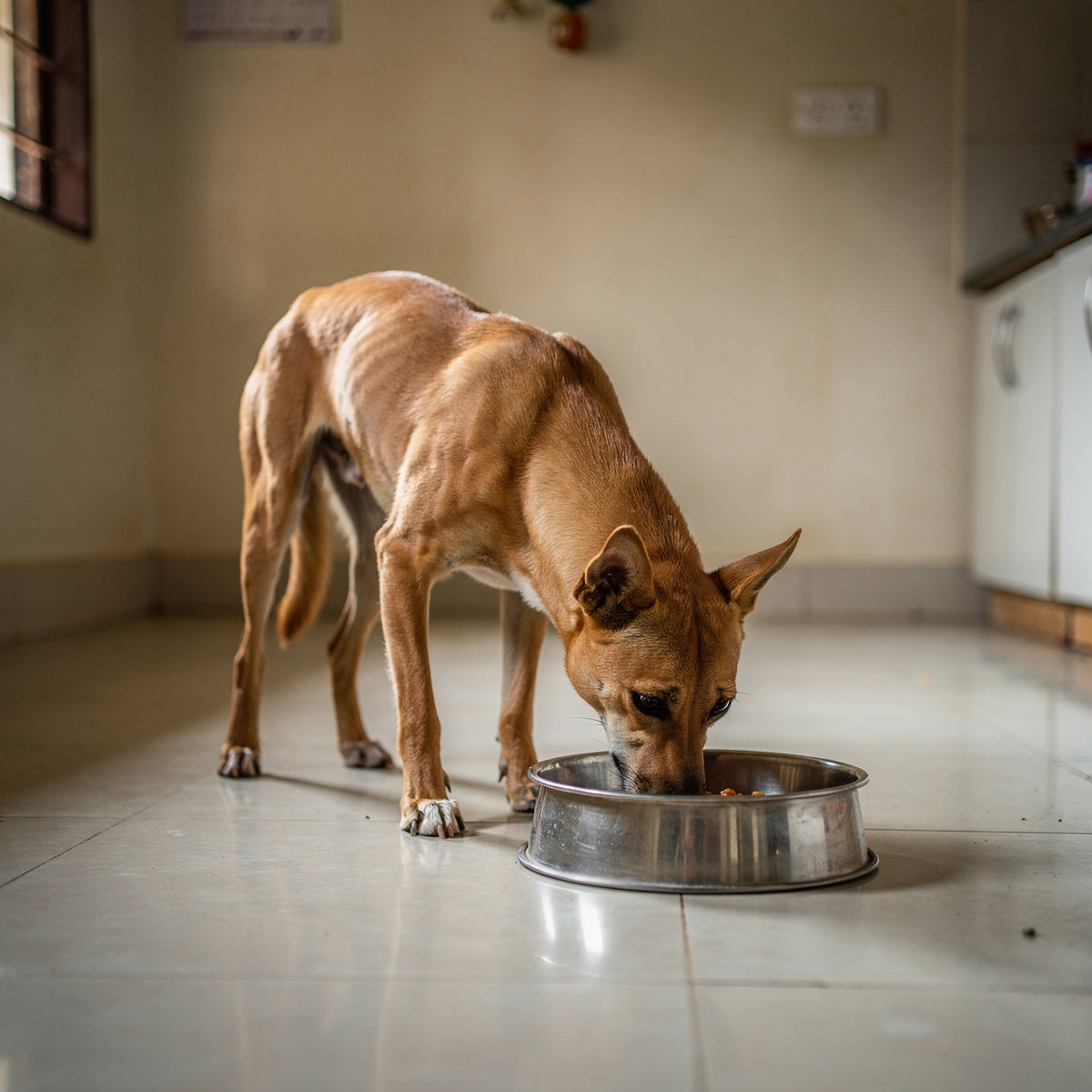 An Indie dog (Indian pariah dog) with a tan coat eating from a steel bowl in a kitchen
