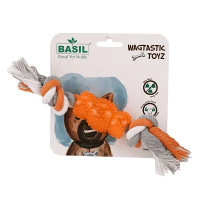 Basil Cotton Rope Rubber Chew Toy With Hard Tpr Centre For Dogs Orange