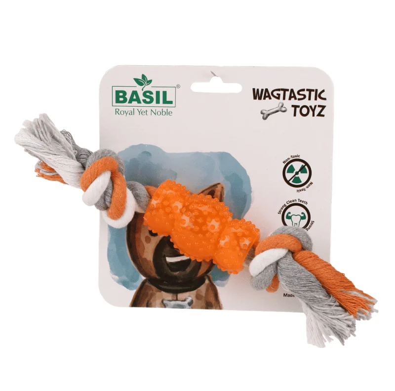 Basil Cotton Rope Rubber Chew Toy With Hard Tpr Centre For Dogs Orange
